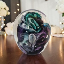 Vtg Robert Held Art Glass Paperweight Turquoise & Purple Nebula Signed 3
