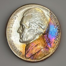 1942-S 5C Jefferson SILVER War Nickel UNC - Stunning Rainbow Toned picture