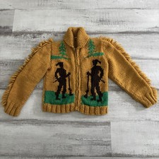 1950s Mary Maxim Cowichan Sweater Frontier Davey Crockett Canoe Handknit Boys M picture