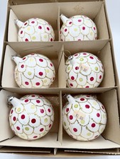 Vtg Italy Glass Christmas Ornaments 6 White Pink Scallop Gold Glitter MCM picture