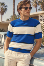 Mens 60’s Vintage Penneys Towncraft Mod Blue Striped Knit Shirt Acrylic Medium picture