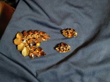 Brooch & Earring Set Signed Weiss Amber/Brown Topaz & Clear Rhinestones picture