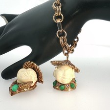 Vintage HAR Laughing Buddha Jewelry Set Bracelet Brooch Turquoise Gold Tone picture