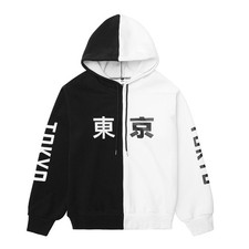 Niepce Black White Split Color‑Block Japanese Tokyo Kanji Graphic Hoodie picture