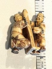 Antique Signed Japanese Netsuke- Two Male Figures With Wood Board & Bowl Butter picture
