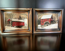 VTG Coppercraft Guild Hand-Painted Linen Prints Winter Red Bridge/Red Mill Set picture