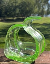 Vintage Murano Style Uranium Vaseline Green Glass Basket Bowl Sculpture Glows picture