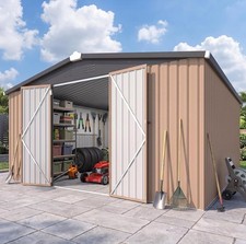 12x12 FT Galvanized Steel Storage Shed, Sloped Roof, Lockable Double Doors, Gray picture