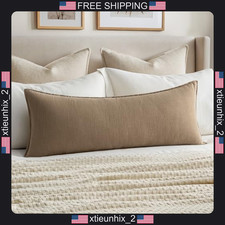 Linen Lumbar Pillow Cover 14x36 Inch Khaki Natural Fabric picture