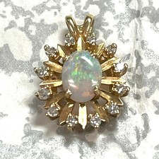 Vintage 14kt Yellow Gold FIRE Australian Opal genuine diamond Pendant NO RESERVE picture