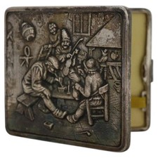 Figural Repousse Tavern Scene Sterling Silver Cigarette Case 2.8 Troy Oz c1900 picture