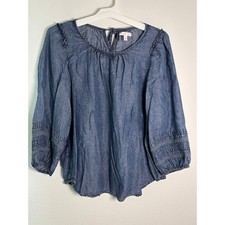 LC Lauren Conrad Blue Chambray Lace Sleeve Peasant Blouse Top Large picture