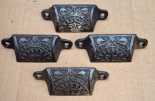 ANTIQUE VICTORIAN ORNATE CAST IRON BIN DRAWER PULLS HARDWARE LOT OF 4 MATCHING picture