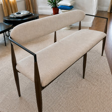 Mid-Century Beige Upholstered Loveseat Settee Black Metal Dining Bench Sofa picture