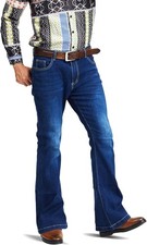 Mens 70s Bell Bottom Jeans Retro Disco Pants Stretch Denim Vintage Style picture