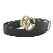 Gucci Pearl Double G Leather Wide Belt Black 80cm/32 Used picture
