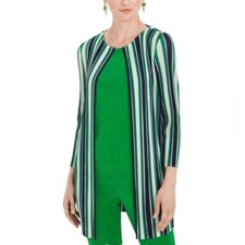 Chico's Travelers Women's Green Blue White Stripe Open Front Jacket Size 1   M picture
