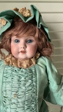 170926-toy-1 Antique Kestner 148 Bisque Doll 40cm Ceramic Head Green Lace Dress picture