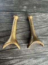 Pair Vintage Brass Hall Tree Hat Coat Peg Hooks Round Post Mount 3.67” picture