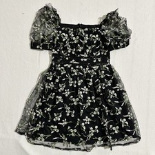 Lulus XXS Black Floral Embroidered Mesh Puff Sleeve Square Neck Mini Dress picture