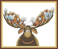Happy Forever 11CT Stamped Cross Stitch, DA373 Christmas Cottage on Antlers picture