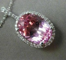 ESTATE LARGE 6.27CT DIAMOND & PINK TOPAZ 14KT GOLD 3D OVAL HALO FLOATING PENDANT picture
