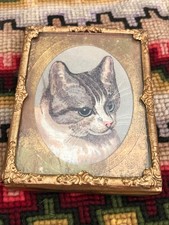 Antique German Dollhouse Picture Framed Gray Tabby Lithograph Print 1:12 picture