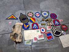 WW2 Military Patch Lot w/ Insignia, Pins, Postcards, Stamps, Coins & Letters picture