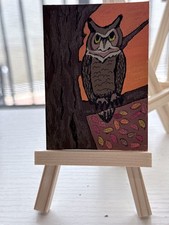 ACEO Original Art Card - Wise Old Owl Keeping Watch in His Tree on a Fall Day picture