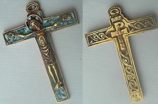 old BEAUTIFUL CROSS CRUCIFIX MEDIEVAL STYLE ENAMELLED BRONZE Dominique PIECHAUD picture