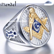 MENDEL Mens 10k Gold Plated Freemason Masonic Ring Men Stainless Steel Size 7-15 picture
