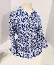 Chico's Blue/White Abstract Woven Collared Long Sleeve Button-Up Blouse 16 picture