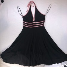 Vintage XOXO Black Pink Satin Trim Halter Skater Dress Medium USA Made Y2K picture