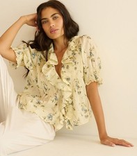 Doen Henri Sunshine Prairie Rose Floral Printed Yellow Cotton Blouse Tunic Top L picture