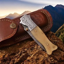 USA Best Handmade Damascus Steel Folding Blade Knive Pocket Knife Camel Bone picture