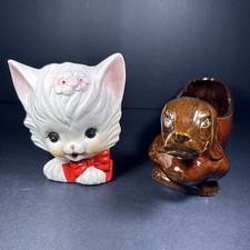 2 Vintage Ceramic Cat & Dog Planters White Kitten Kitty Brown Dachshund Wiener picture
