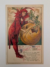 Halloween Antique 1912 Postcard Winsch Schmucker Red Witch Wand JOL Green Elves picture