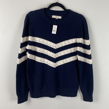 LOFT Navy Blue Puff Sleeve Chevron Sweater Size Large Cotton Crew Neck picture