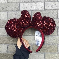Japan Disney Parks Dark Red Velour Sequin Minnie Ears Tokyo Disneyland Headband picture