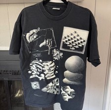 RARE vintage 90s black & white MC Escher Andazia print tee. XL. Made in the USA picture
