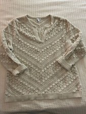 J Jill Womens Pointelle pullover sweater V neck XL Oatmeal color Cot/Poly picture