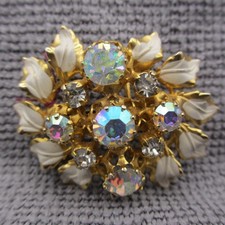 Vintage Austria Brooch AB Rhinestone Enamel White Leaf picture