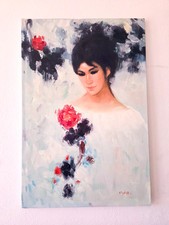 Vintage 1970s Signed Woman Rose Portrait Painting 24x36 Original Acrylic Art picture