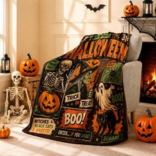 Vintage 50x60 Halloween Throw Blanket Spooky Witch Skull Pumpkin Decor picture