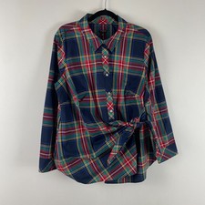 Talbots Tie Front Poplin Shirt Size 1X Blue Green Red Jolly Tartan Plaid picture