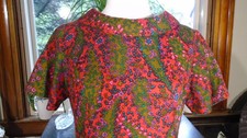 VTG Barkcloth Dress 60's Floral unworn M handmade cowl neck short sleeve pockets picture