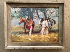 American Indian Brave with Bride - Oil Painting Signed Framed  picture