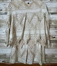 Vintage Damianou Beige Geometric Knit A-Line Midi Skirt Fringe Button Closure M picture