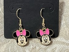 Minnie Big Ear Pink Bow Mouse Cartoon Enamel Gold Dangle Adorable Earring Set picture
