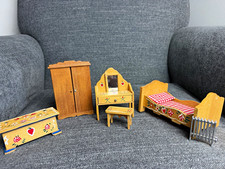 Vintage 1:12 Dollhouse Mini Painted Wood Bedroom Set 6pc Bed Vanity Wardrobe picture